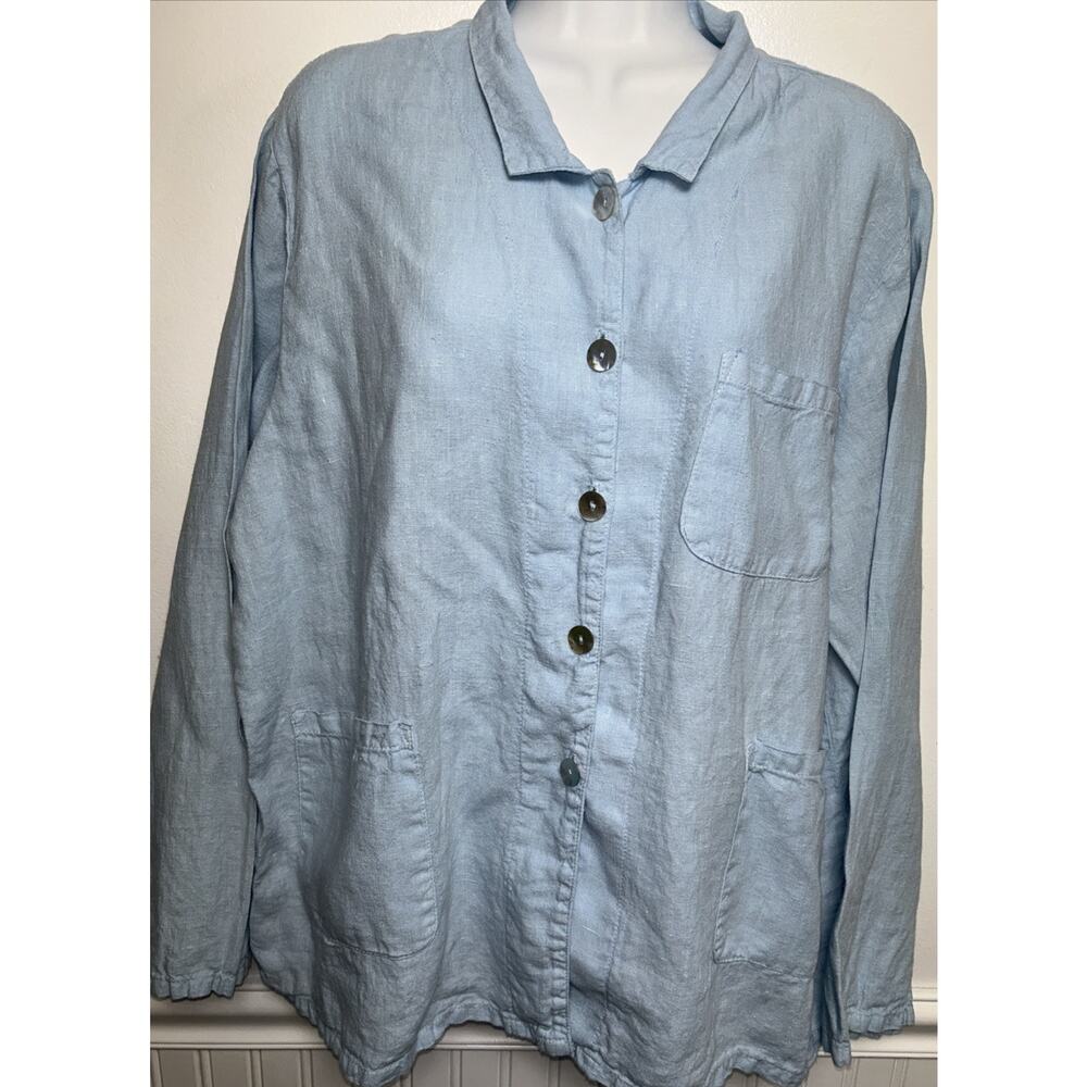 Match Point Women's Large Blue 100% Linen Long Sleeve Button Up Jacket Topper